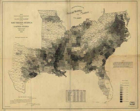 Prosentandelen av slaver i befolkningen i hvert fylke i de slaveholdende statene i 1860.