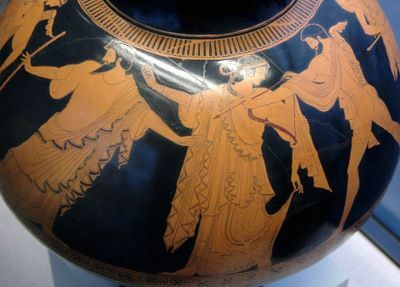 Idas og Marpessa er atskilt av Zeus. Attic rød-figuren psykter, ca. 480 f.Kr., av Pan Painter.