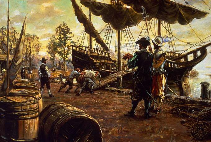 Nybyggere triller fat tobakk opp en rampe og opp på et skip som forberedelse for eksport, Jamestown, Virginia, 1615.