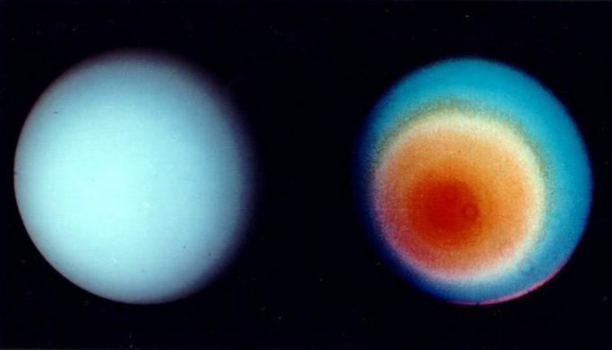 To utsikt over Uranus fra Voyager 2.