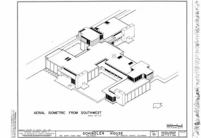 Aerial Isometric From Southwest Tegnet av Jeffrey B. Lentz i 1969, Schindler House fra 1922 i Los Angeles, California