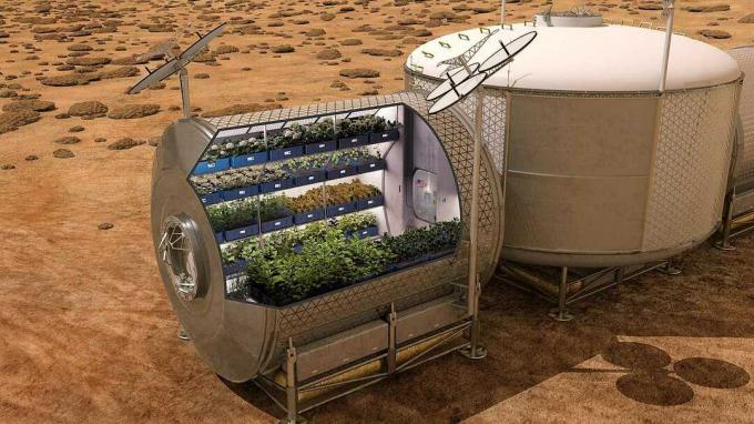 matproduksjon på Mars i fremtiden.