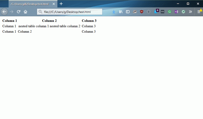 Nettleser som viser eksempelkoden i det foregående eksemplet på en nestet tabell.