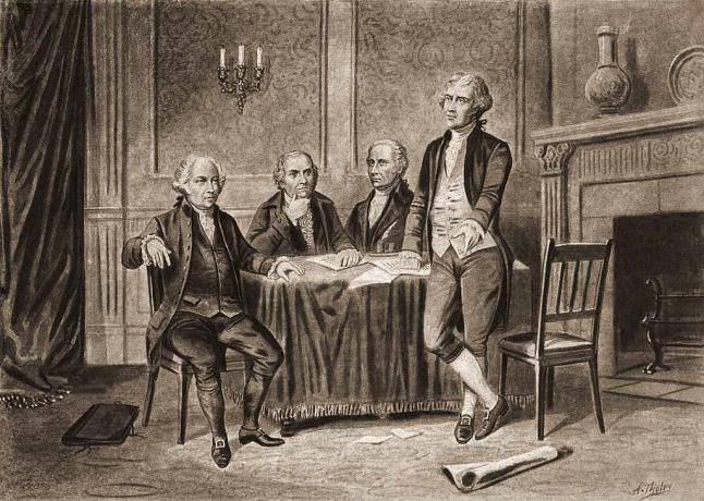 Illustrasjon av fire av United States Founding Fathers, fra venstre, John Adams, Robert Morris, Alexander Hamilton og Thomas Jefferson, 1774.