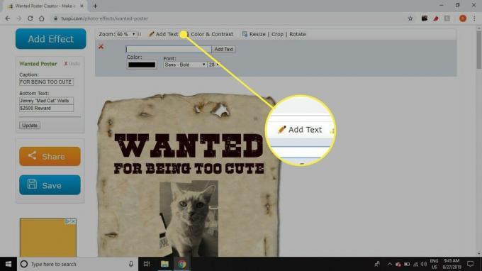 Et skjermbilde av Tuxpi med Legg til tekst-knappen uthevet