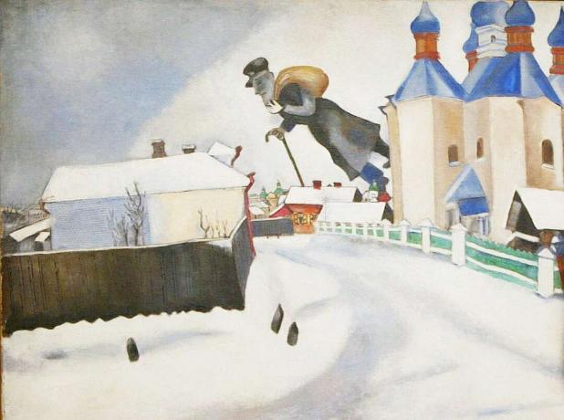 En enorm mann med en svart frakk, en pose og en stokk flyter over en snødekt landsby med løkkuppelkirker