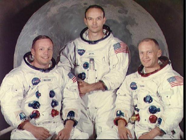 Et portrett av mannskapet på Apollo 11 inkludert Neil Armstrong, Michael Collins og Buzz Aldrin.