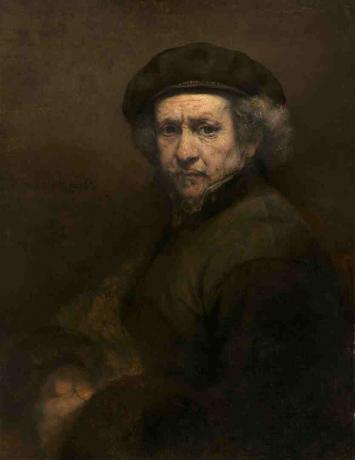 Selvportrett av Rembrandt som en eldre mann.