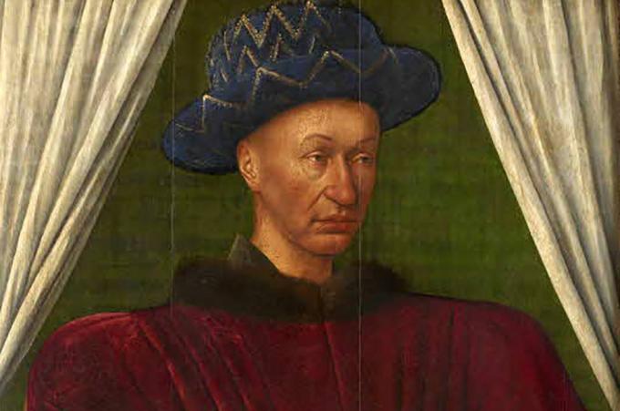 Charles VII fra Frankrike i rød skjorte og blå hatt.