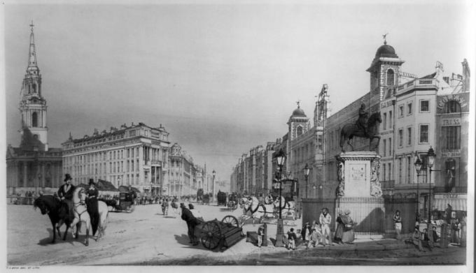 Inngang til Strand fra Charing Cross, Illustrasjon som viser mennesker i London street, 1841