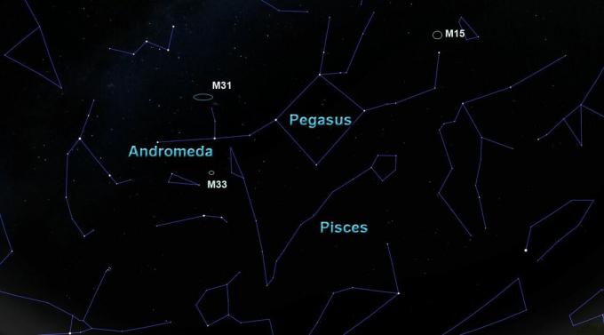 stjernebildet Pegasus med sine naboer og noen gjenstander med dypt himmel.