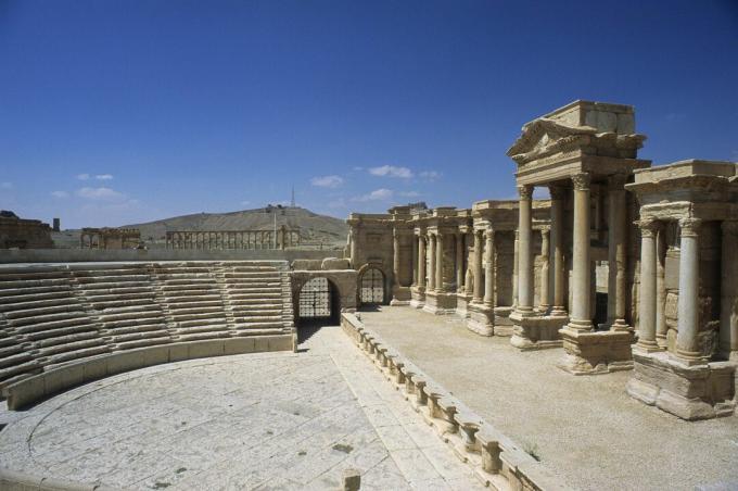 Restaurert Stone and Marble Roman Outdoor Theatre i Palmyra, Syria