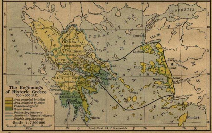 Kart som viser Hellas rundt 600 til 700 f.Kr. med Egeerhavet og Lilleasia.