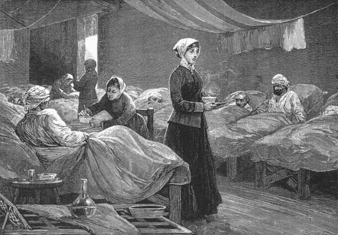 Miss Nightingale på Barrack sykehus på Scutari, ca.1880 (tregravering)