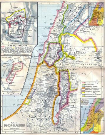 Kart over det gamle Palestina med innsatser som viser Jerusalem og herredømmet til David, Salomo, Joshua og Dommerne