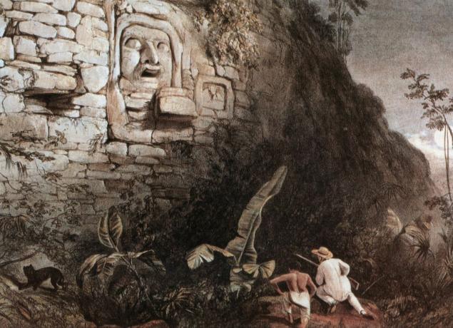 Maya Sculpture of Itzamna, litografi av Frederick Catherwood i 1841: det er det eneste bildet av denne stukkmasken (2 meter høy). jakt scene: hvit jeger og hans guide jakt feline