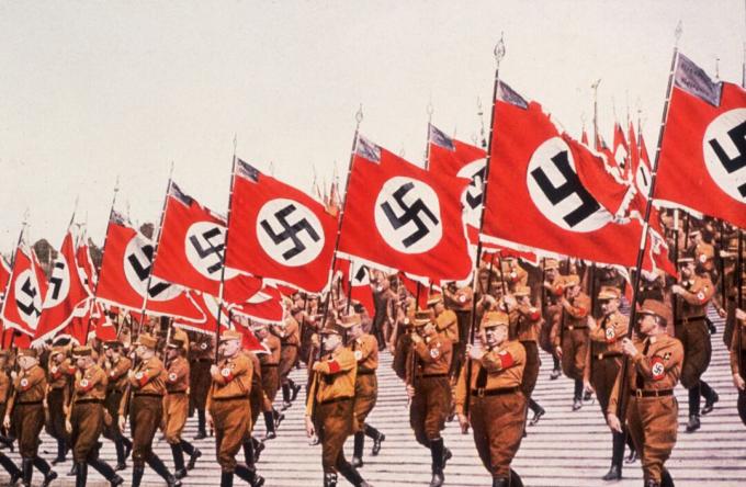 Nazister marsjerte i formasjon med flagg på et møte.