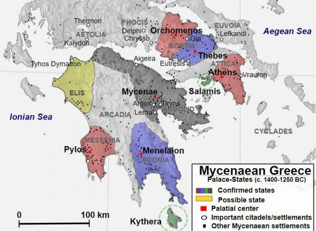 Kart som viser det mykenske Hellas fra 1400 til 1250 f.Kr.