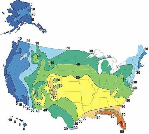 Et kart som viser gjennomsnittlig antall tordenværsdager hvert år i USA (2010)