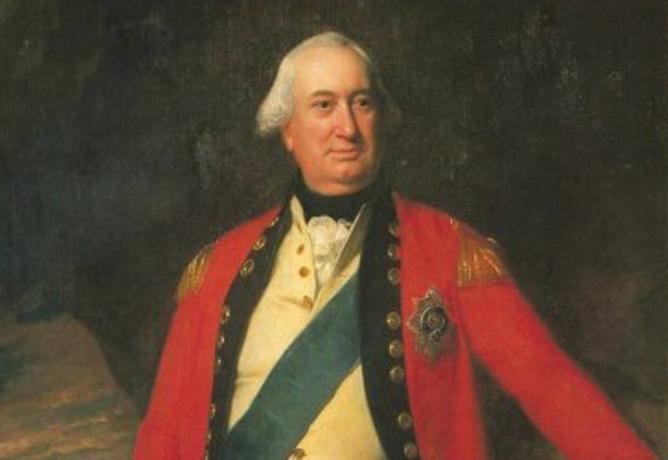 Generalløytnant Lord Charles Cornwallis står i en rød uniform fra den britiske hæren.