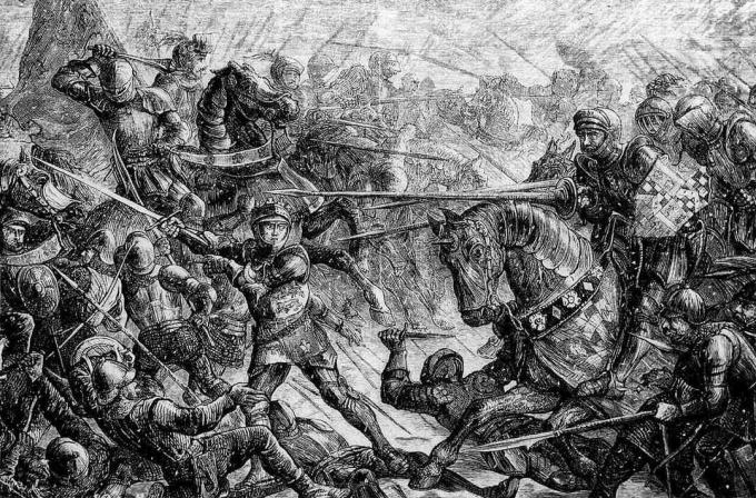 Riddere som er montert kjemper på hesteryggen i slaget ved Towton.