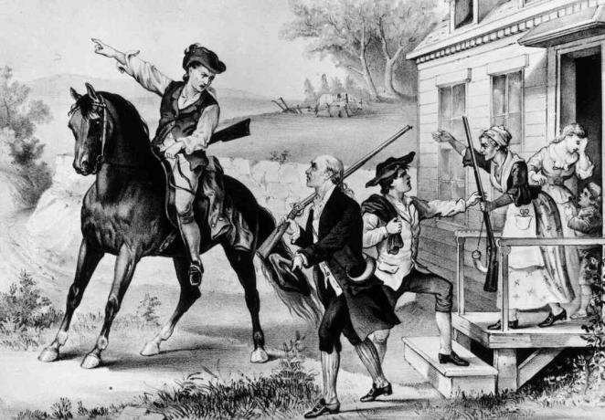 1774: En samling av minutemen - kolonimilits av New England som var klare til å kjempe mot britene med et øyeblikk.