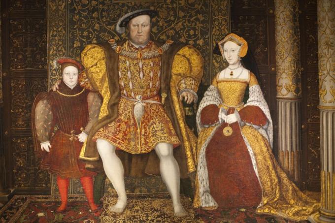 Kong Henry VIII, Jane Seymour og prins Edward malte i Great Hall på Hampton Court Palace i London