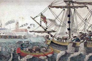 Maleri av Boston Tea Party som viser mennesker som tømmer te i Boston Harbor.