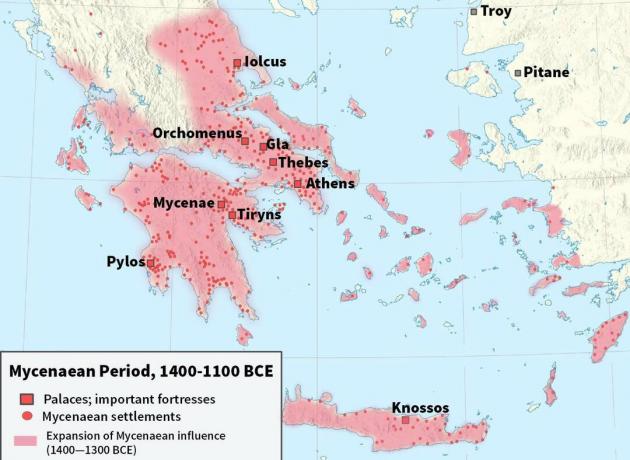 Kart som viser den mykeniske sivilisasjonen i 1400 til 1100 f.Kr.