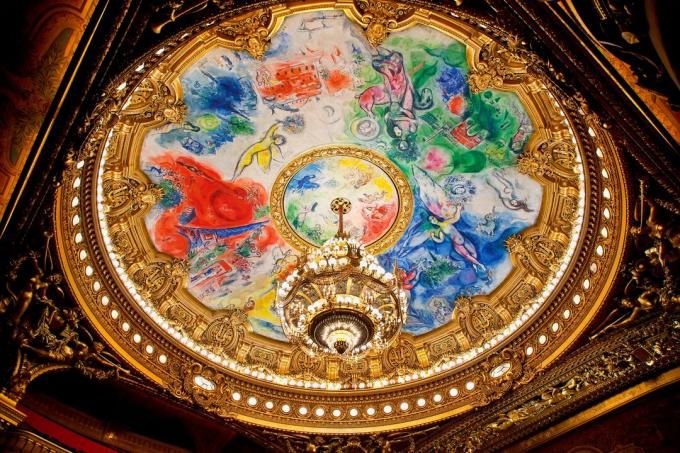 Rundt tak med malerier av fargerike flygende figurer omgitt av gullstøping