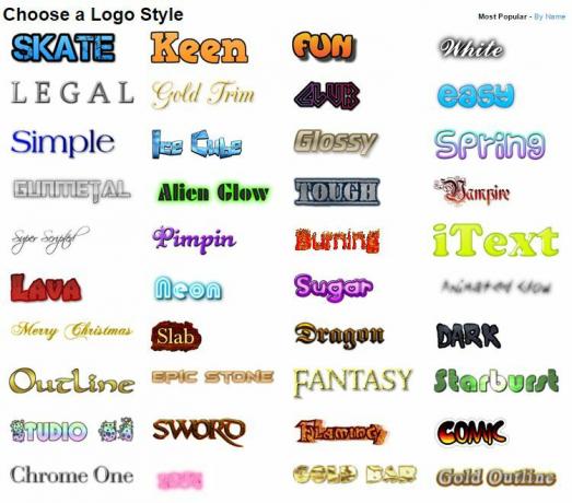 Noen av logostilene er tilgjengelige hos Cool Text free logo maker
