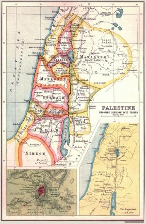 Kart over Palestina, som viser territoriene til de tolv stammene av Israel med sett av Jerusalem og 