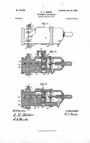 patent for Granville T. Woods 'automatiske luftbrems, 1902