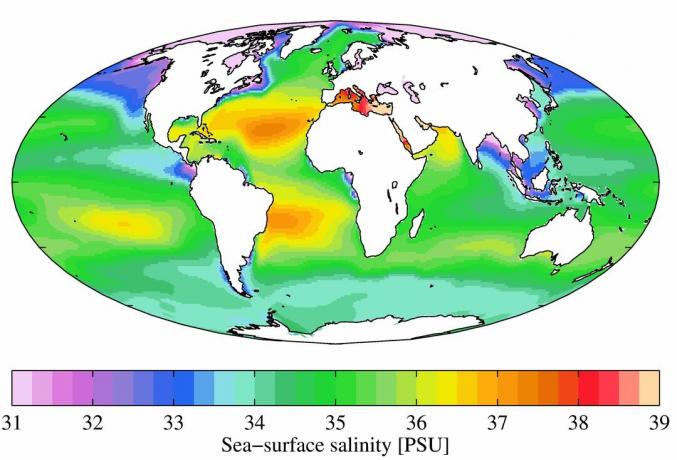 Årlig gjennomsnittlig saltholdighet av havoverflaten fra World Ocean Atlas i 2009. Saltholdighet er oppført i praktiske saltholdighetsenheter (PSU).