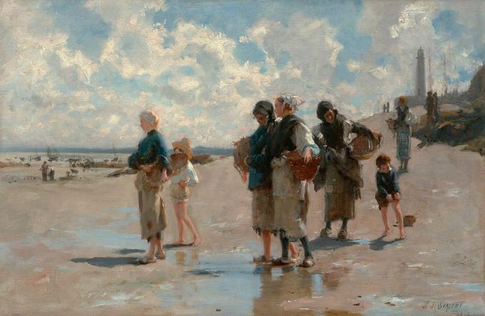 Scene av kvinner og barn som fisker etter østers på stranden