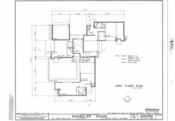 Første etasjeplan for Schindler House fra 1922 i Los Angeles, California, tegnet av Stanley A. Westfall, 1969