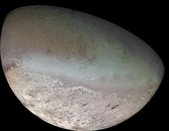 Fotografi av Triton, den største månen til planeten Neptun.