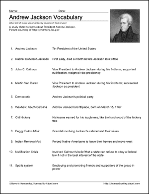 Andrew Jackson Vocabulary Study Sheet