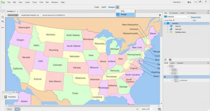 Et kart over USA i designvisning i Adobe Dreamweaver