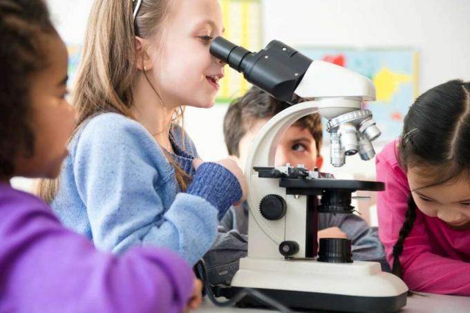 Fire barn gjennomfører et vitenskapelig eksperiment ved hjelp av et mikroskop for å gjøre observasjoner