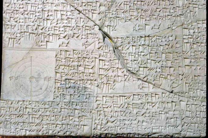 Cuneiform babylonsk leirtavle med geometriske problemer.