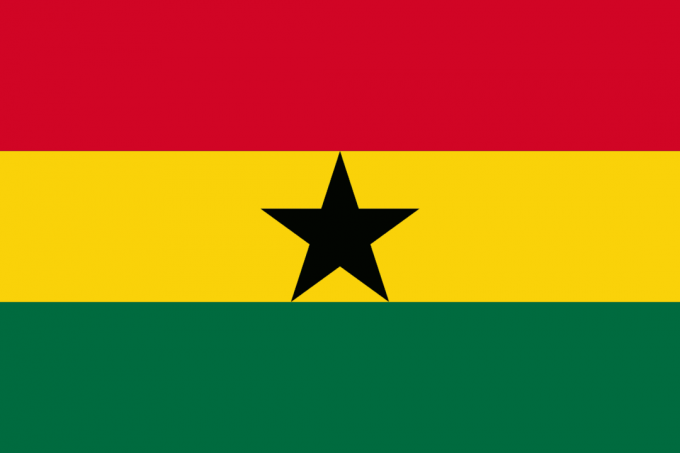 Ghana-flagget med tykk rød, gul og grønn stripe og svart stjerne i sentrum.