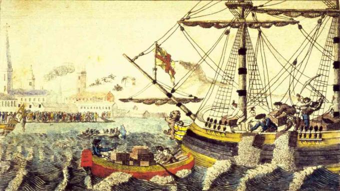 Kunstnerens gjengivelse av Boston Tea Party, Boston, Massachusetts, 16. desember 1773.