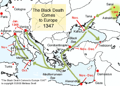 Sykdommens ankomst i Øst-Europa og Italia Svartedauden kommer til Europa, 1347