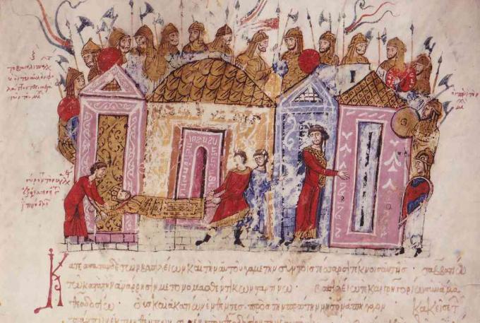 The Varangian Guard (Miniature from Madrid Skylitzes), 11.-12. Århundre. Samling av Biblioteca Nacional, Madrid, Spania.