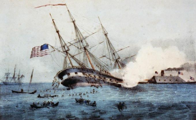 USS Cumberland synker mens det er rammet av CSS Virginia.