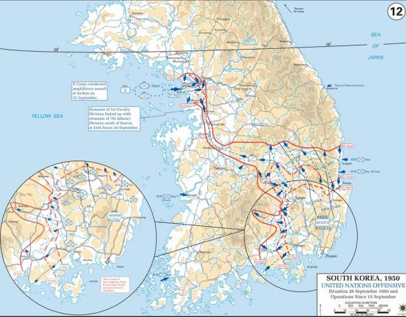 Kart over Inchon Invasion og Pusan ​​Perimeter Breakout