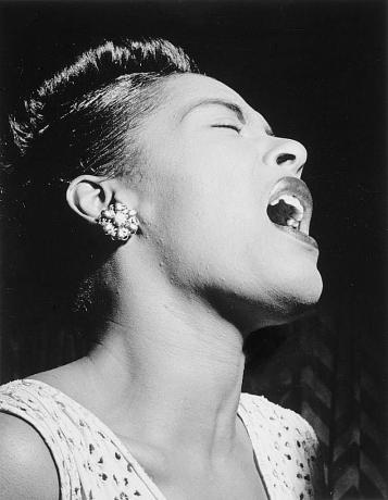 Billie Holiday-sang, svart-hvitt foto.