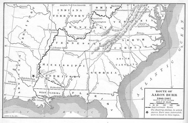 Kart illustrerer tidligere amerikansk visepresident Aaron Burrs omtrentlige rute under hans tur nedover Mississippi-elven i det som ble kjent som Burr-konspirasjonen i 1806-1807
